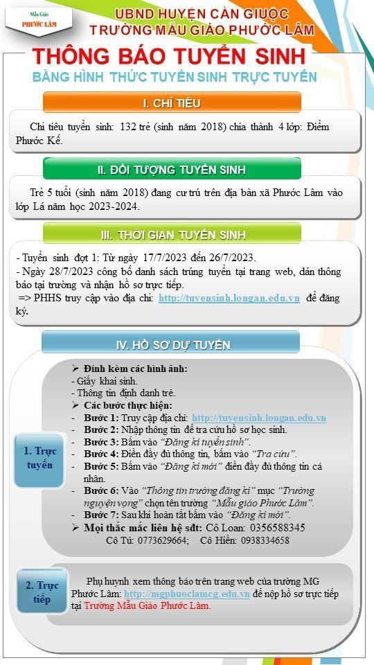 TRƯỜNG MG PHƯỚC LÂM THÔNG BÁO TUYỂN SINH ĐỢT 1  NĂM HỌC 2023-2024 (TRẺ SINH NĂM 2018)